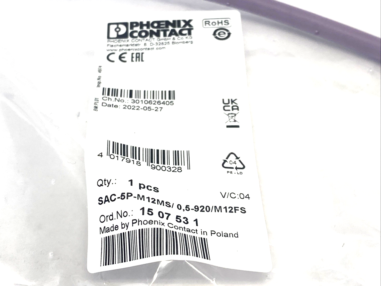 Phoenix Contact SAC-5P-M12MS/0,5-920/M12FS Bus System Cable M12 M-F 1507531 - Maverick Industrial Sales