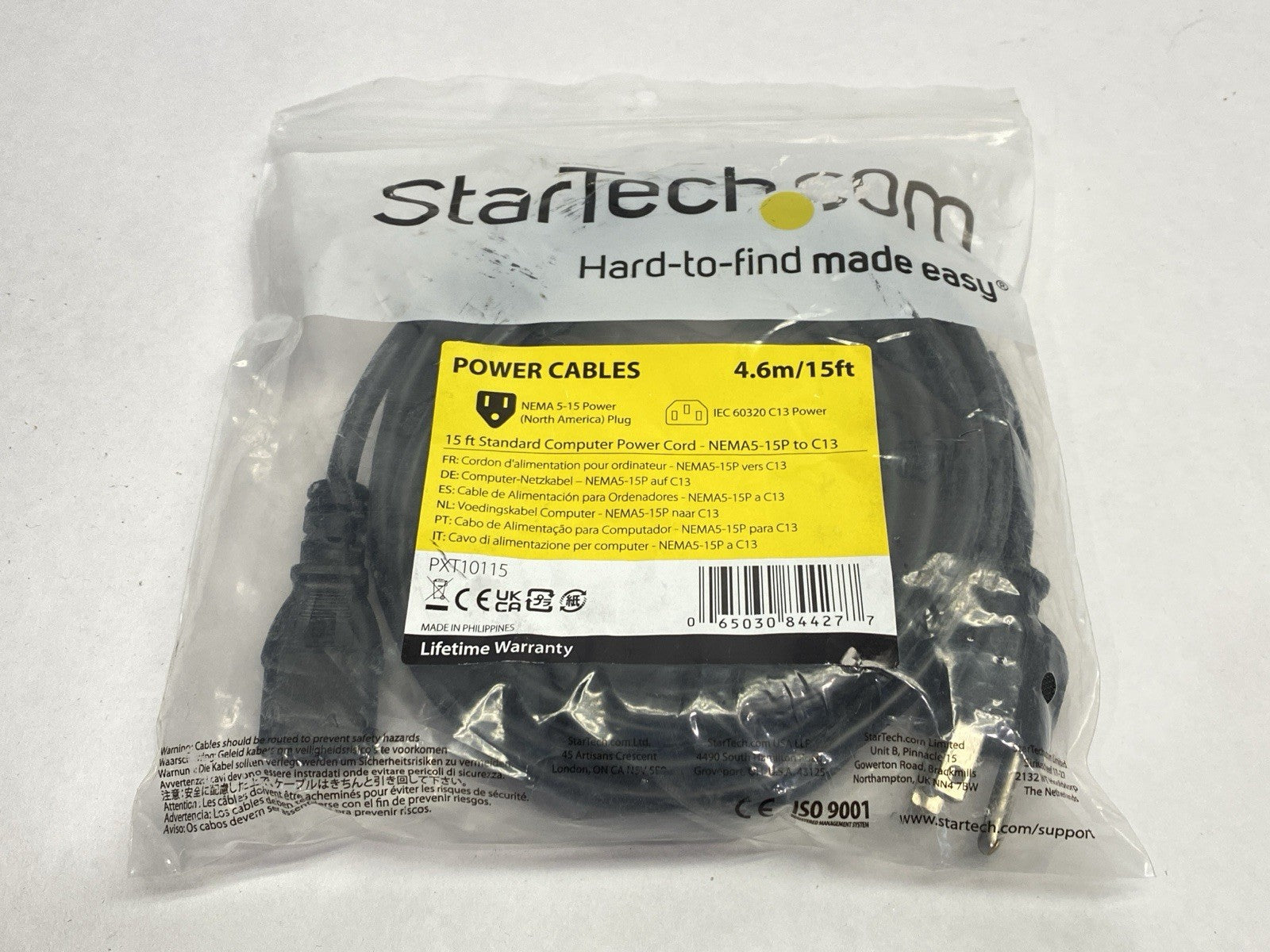 PXT10115 | StarTech 15ft Standard Computer Power Cord NEMA5-15P To C13 - New - Maverick Industrial Sales