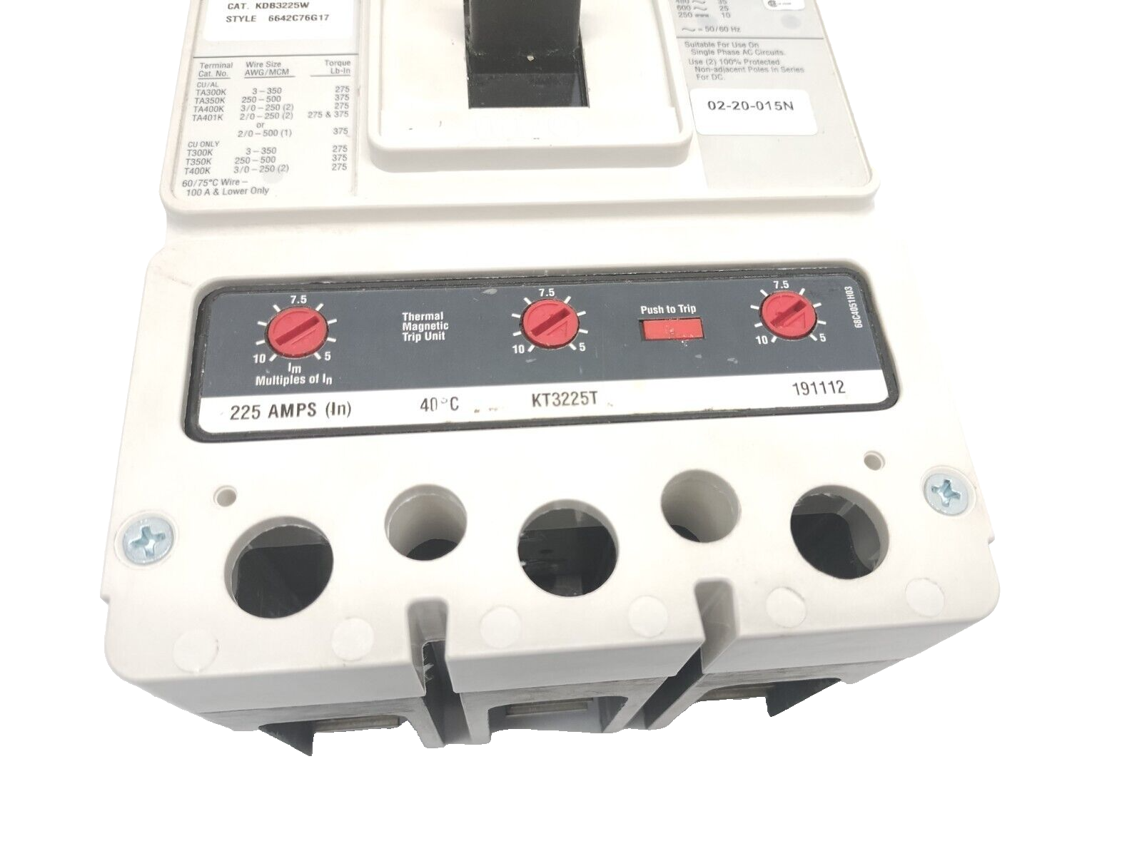 Eaton KDB3225W Molded Case Circuit Breaker 3-Pole 600VAC 225A - Maverick Industrial Sales