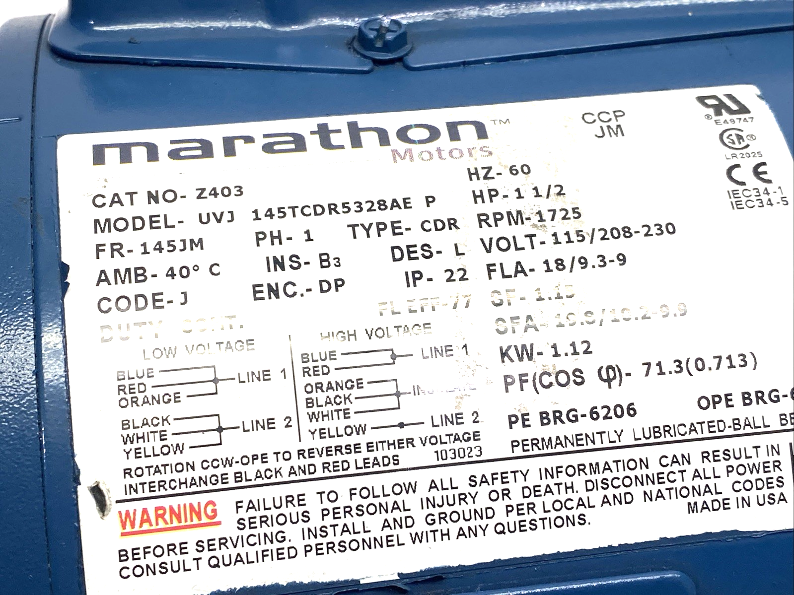 Z403 | Marathon Motor 1PH 1.12 kW 1-1/2 HP 115/208-230V UVJ 145TCDR5328AE P - Used - Maverick Industrial Sales