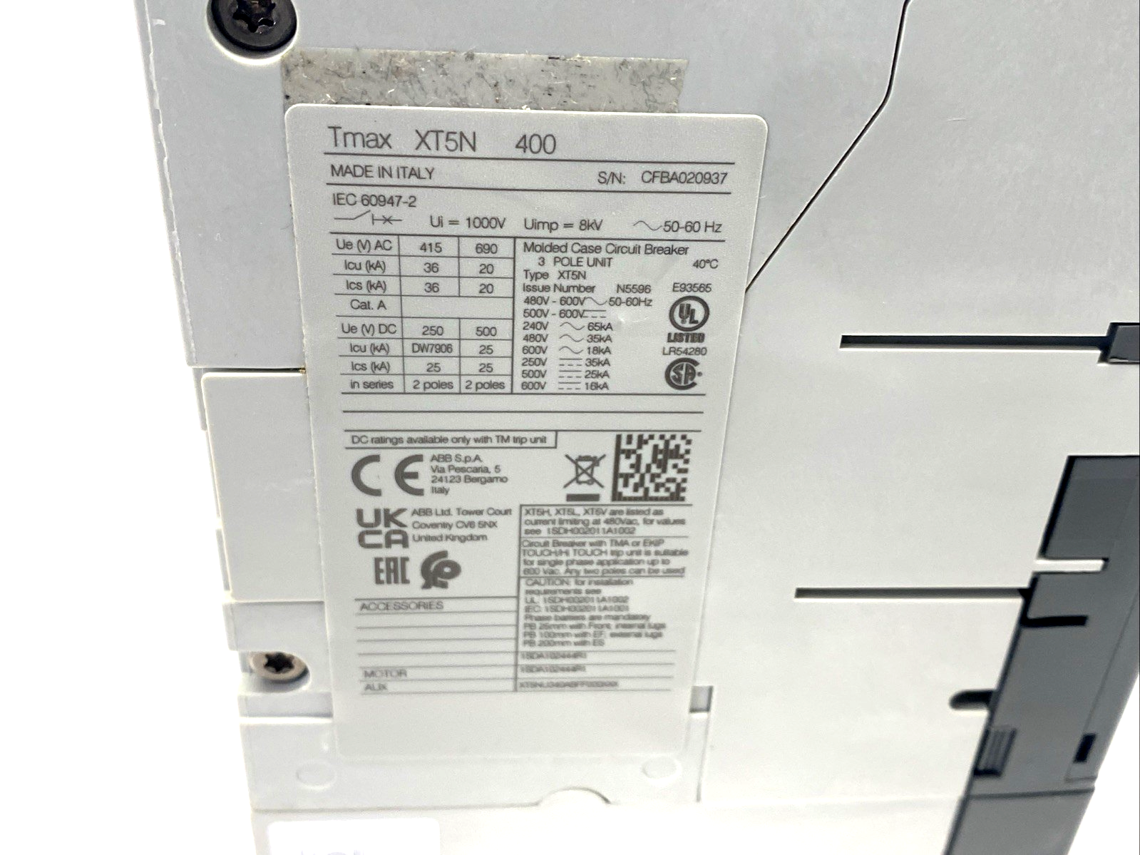 ABB XT5NU340ABFF000X00X XT5N 400 Circuit Breaker 3P 400A 1SDA102444R - Maverick Industrial Sales
