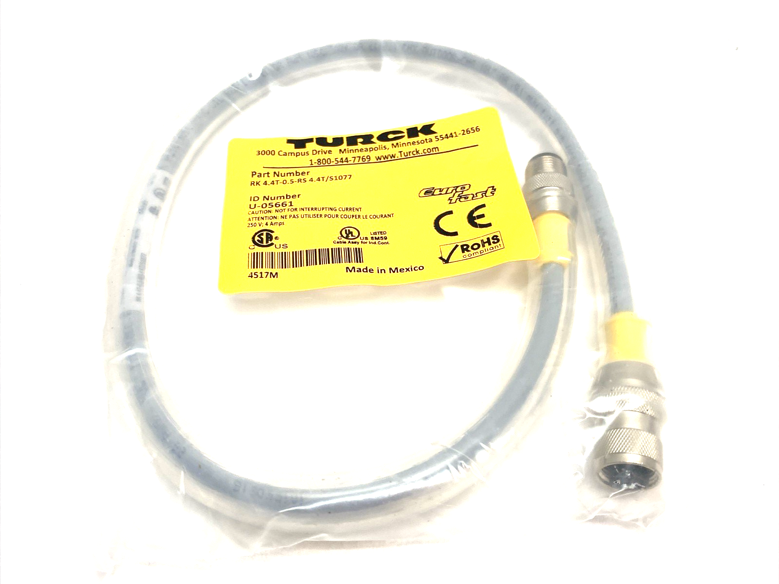 RK 4.4T-0.5-RS 4.4T/S1077 | Turck Eurofast Double Ended Cable M12 Straight U-05661 - New - Maverick Industrial Sales