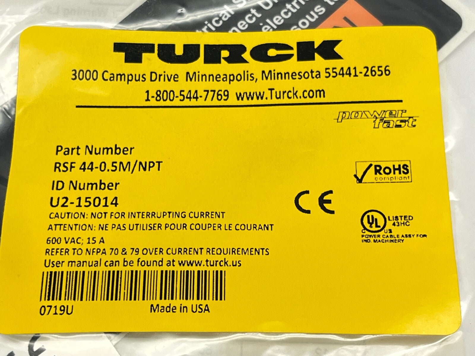 RSF44-0.5M/NPT | Turck PowerFast Cordset Mini 4-Pin Male Flying Lead 0.5M U2-15014 - New - Maverick Industrial Sales