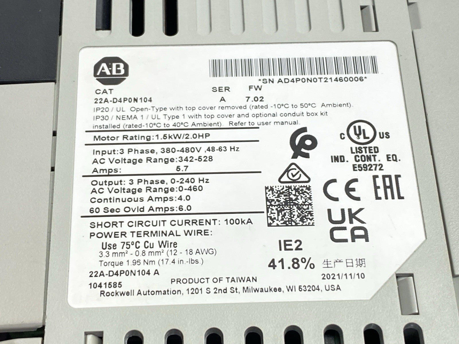 22A-D4P0N104 | Allen Bradley Ser A Powerflex 4 AC Drive 1.5kW 2HP - For parts or not working - Maverick Industrial Sales