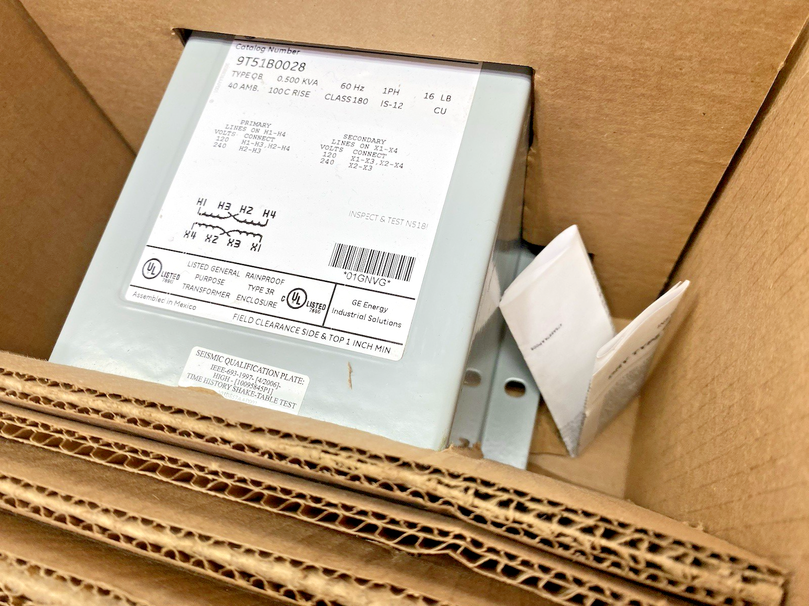 9T51B0028 | ABB General Electric Transformer 1-Phase 1C,0.5kVA,120x240-120/240 - New – Open box - Maverick Industrial Sales