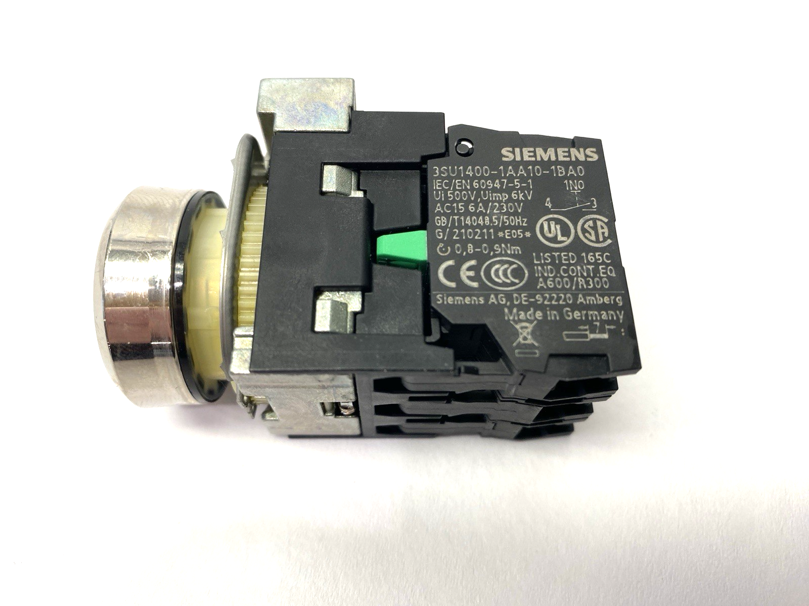 3SU1152-0AB40-1FA0 | Siemens Illuminated Pushbutton Green DAMAGED BUTTONHEAD - Used - Maverick Industrial Sales