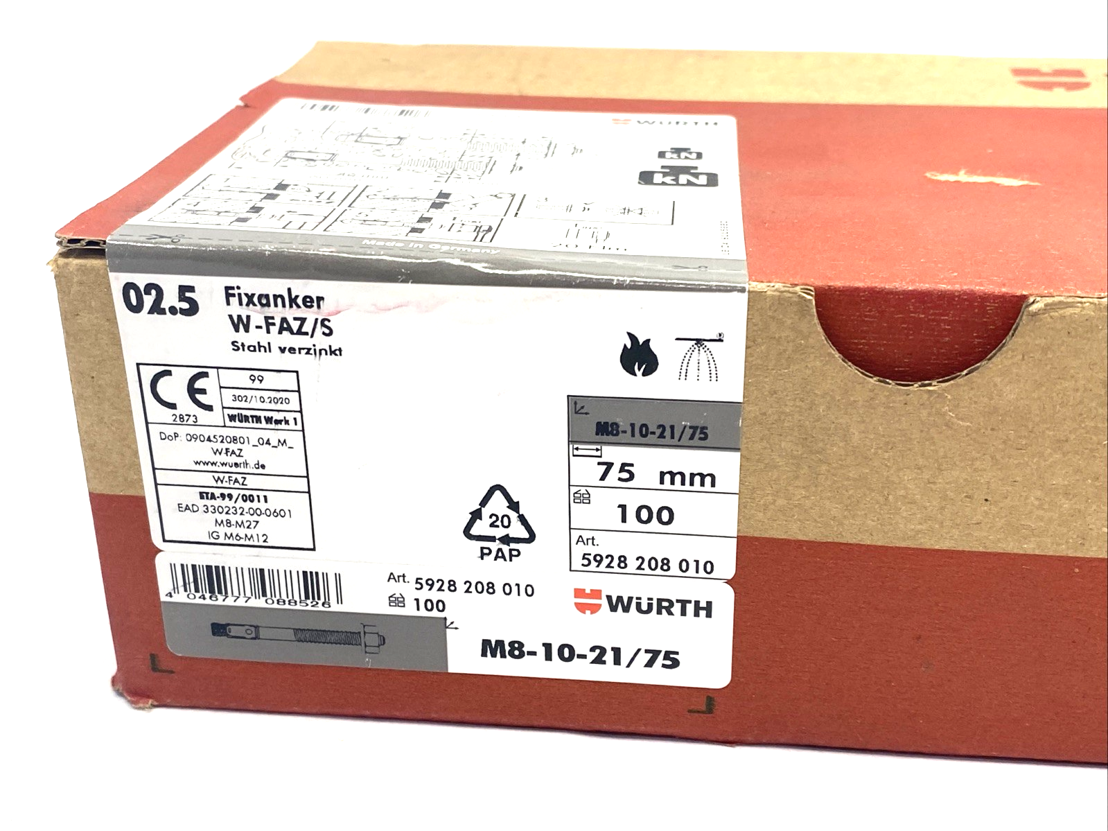 5928208010,5928 208 010 | Wurth 5928208010 Fixanchor W-FAZ/S Steel Concrete Anchor M8-10-21/75 BOX OF 100 - New - Maverick Industrial Sales