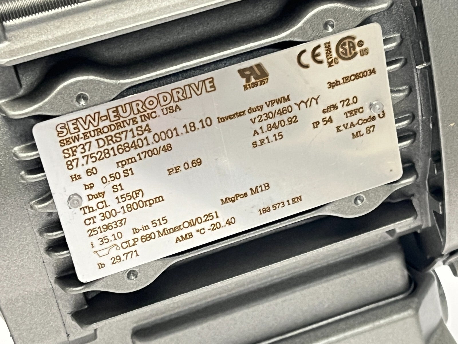 SF37 DRS71S4 | SEW Eurodrive SF37DRS71S4 Right Angle Gearmotor 0.5HP Inverter Duty 230/460V - New – Open box - Maverick Industrial Sales