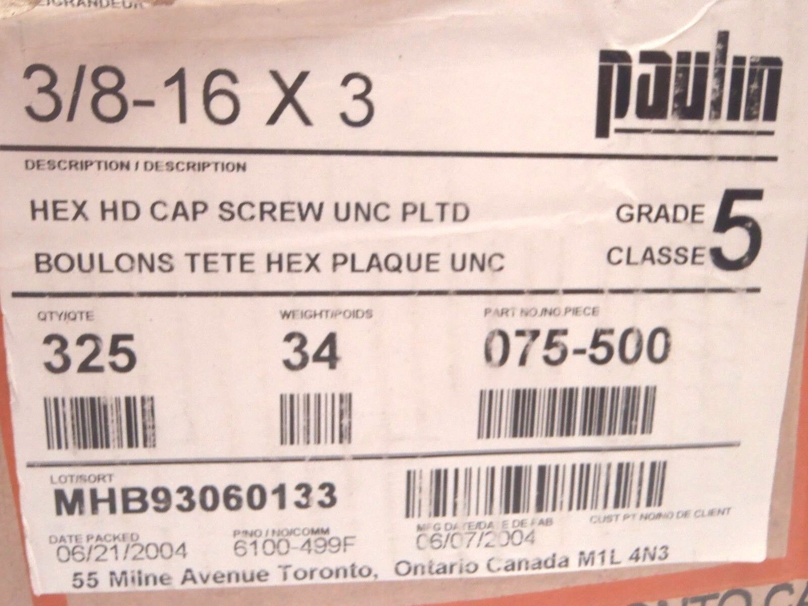 Paulin 075-500 Hex HD Cap Screw 3/8-16 X 3" Inch UNC Plated Grade 5 BOX OF 325 - New – Open box - Maverick Industrial Sales