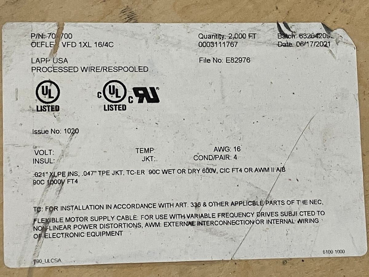 701700 | Lapp Multiconductor Cable, Shielded, 4 Conductor, 16 AWG, Black 1280' FT - New – Open box - Maverick Industrial Sales