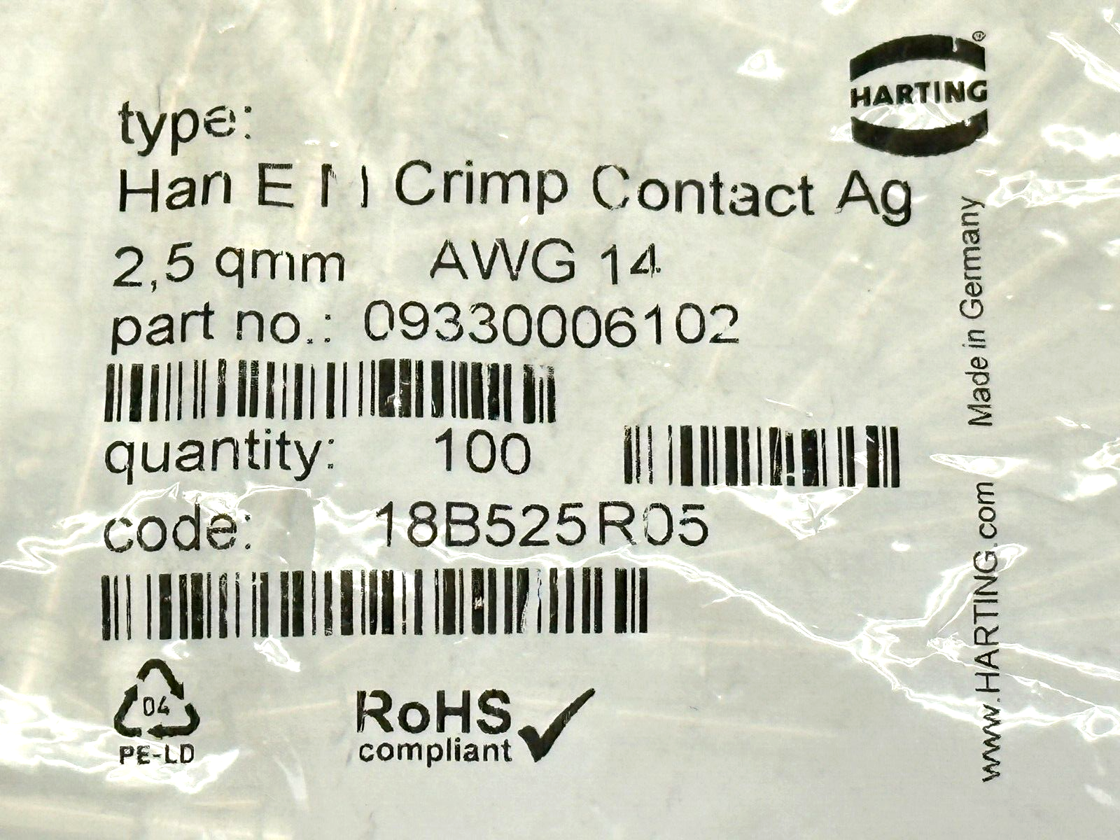 Harting 09 33 000 6102 Han E M Crimp Contact Ag 2.5 mm / 14 AWG LOT OF 100 - Maverick Industrial Sales