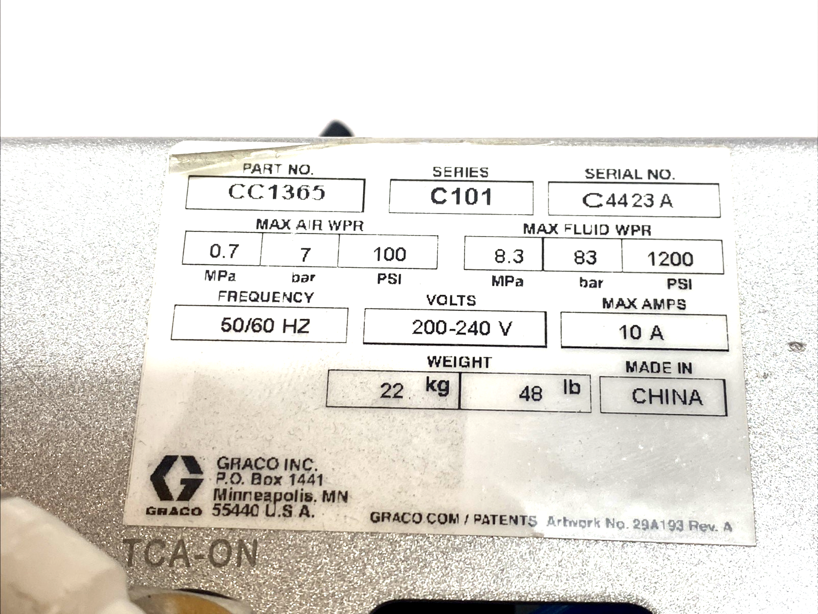 CC1365 | GRACO Airless Fluid Pump 200-240V 50/60Hz 10A 83bar 1200psi - Used - Maverick Industrial Sales