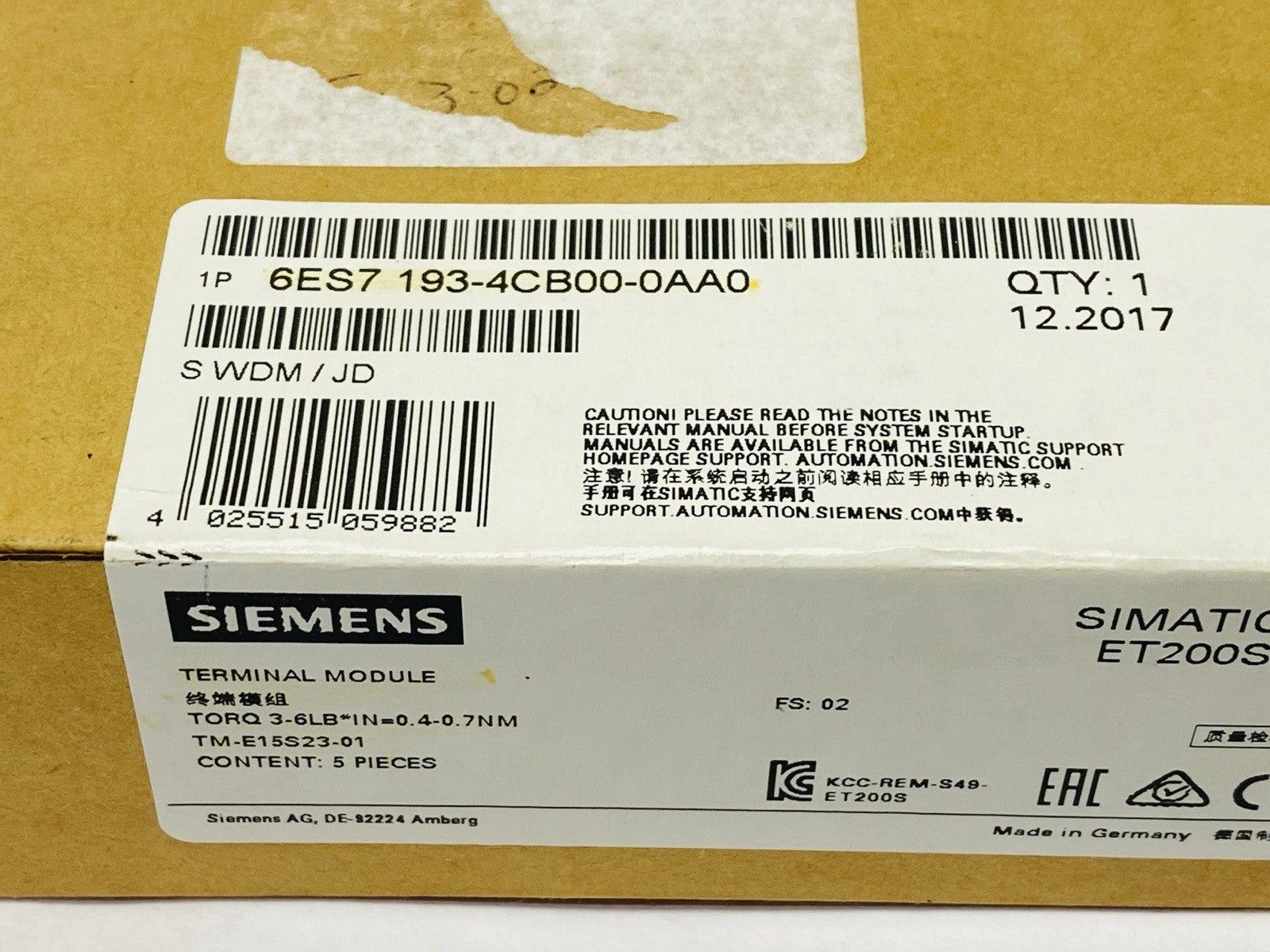 Siemens 6ES7 193-4CB00-0AA0 SIMATIC ET200S Terminal Module BOX OF 5 - Maverick Industrial Sales