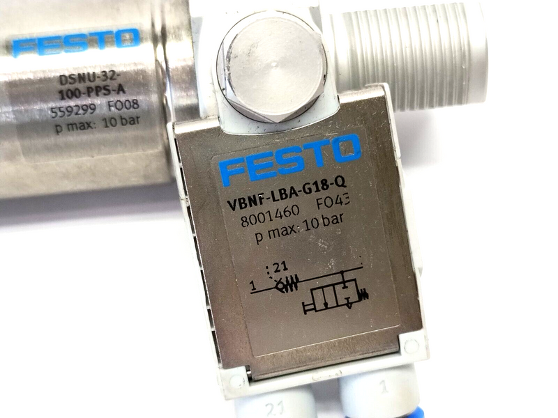 Festo DSNU-32-100-PPS-A Round Cylinder 559299 w/ VBNF-LBA-G18-Q Valve 8001460 - Maverick Industrial Sales