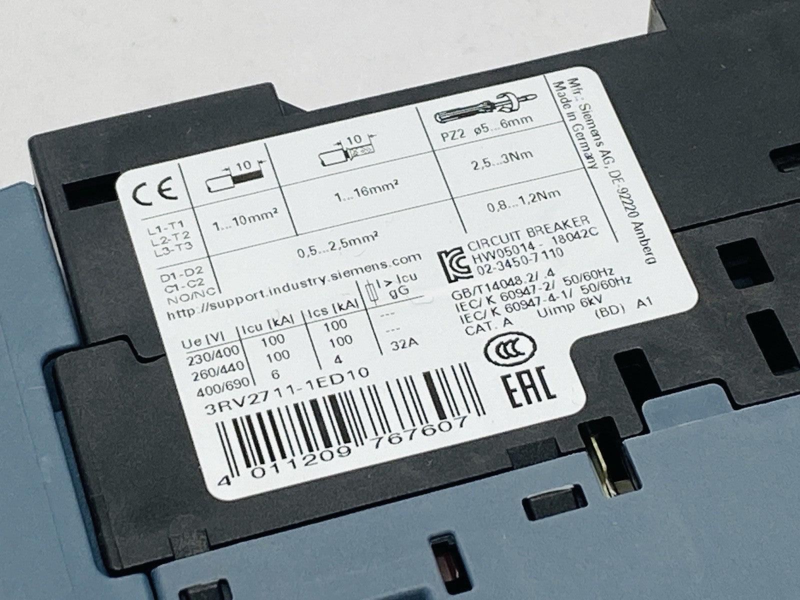 Siemens 3RV2711-1ED10 SIRIUS Thermal Magnetic Circuit Breaker Size S00 4A - Maverick Industrial Sales