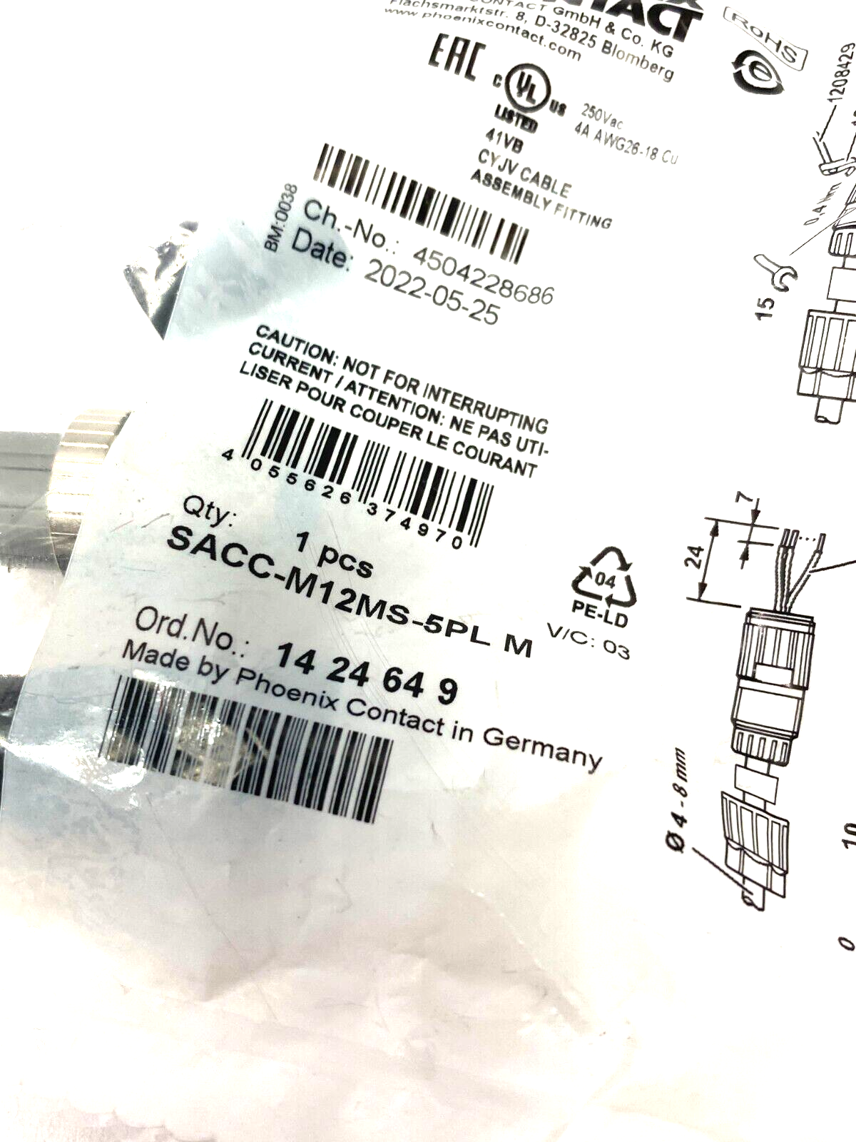 Phoenix Contact SACC-M12MS-5PL M Field Wireable Connector 5-Position 1424649 - Maverick Industrial Sales
