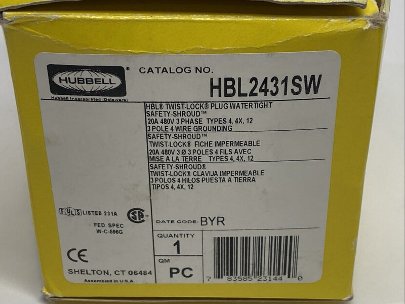 Hubbell HBL2431SW Locking Devices Twist-Lock Watertight Plug Connector 480VAC - Maverick Industrial Sales