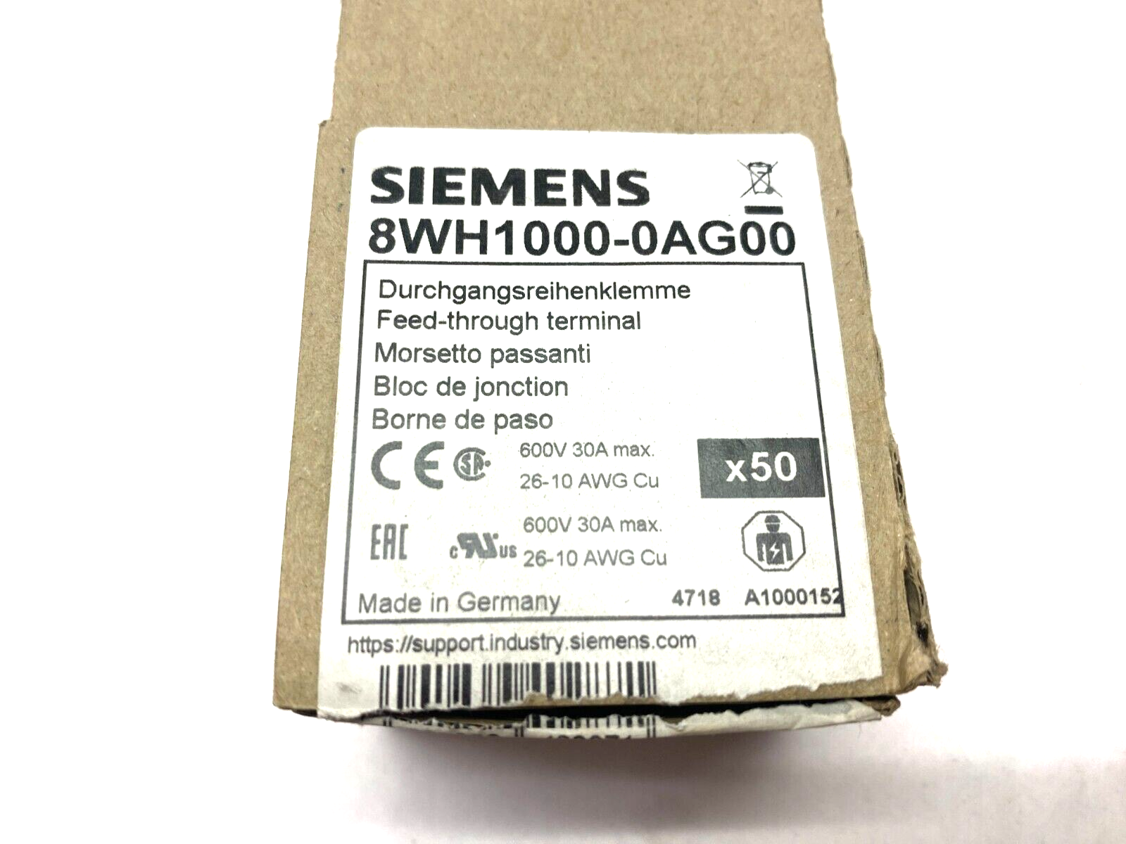 Siemens 8WH1000-0AG00 Feed-Through Type Terminal Block Gray 4mm BOX OF 50 - Maverick Industrial Sales