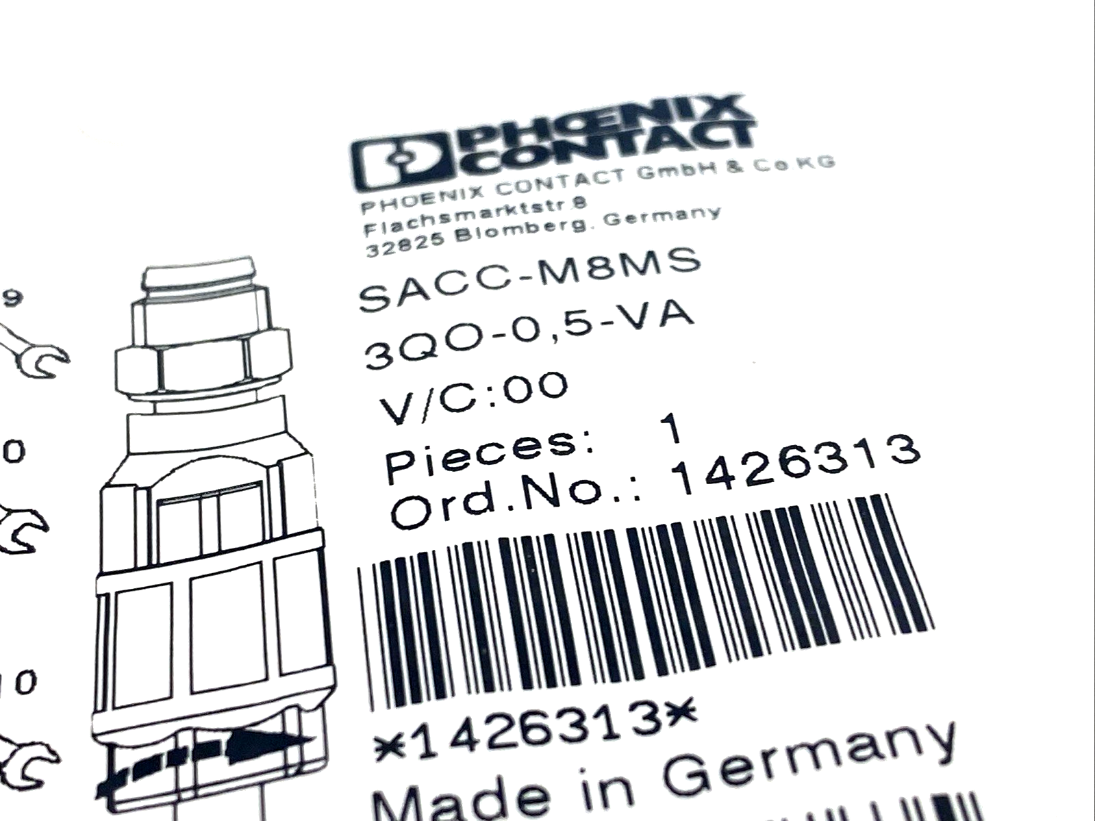 1426313,SACC-M 8MS-3QO-0,5-VA | Phoenix Contact SACC-M 8MS-3QO-0,5-VA Connector 3-Pin Male M8 1426313 - New - Maverick Industrial Sales