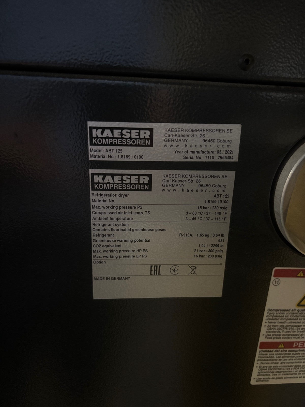 Kaeser CSD100ST Rotary Screw Air Compressor, CSD-100S-T, ABT 125, Fault (2021) - Maverick Industrial Sales