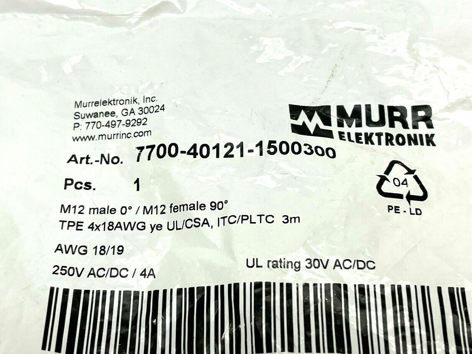 Murr Elektronik 7700-40121-1500300 Cordset M12 Male M12 Female 90 Degree 3m L - New - Maverick Industrial Sales