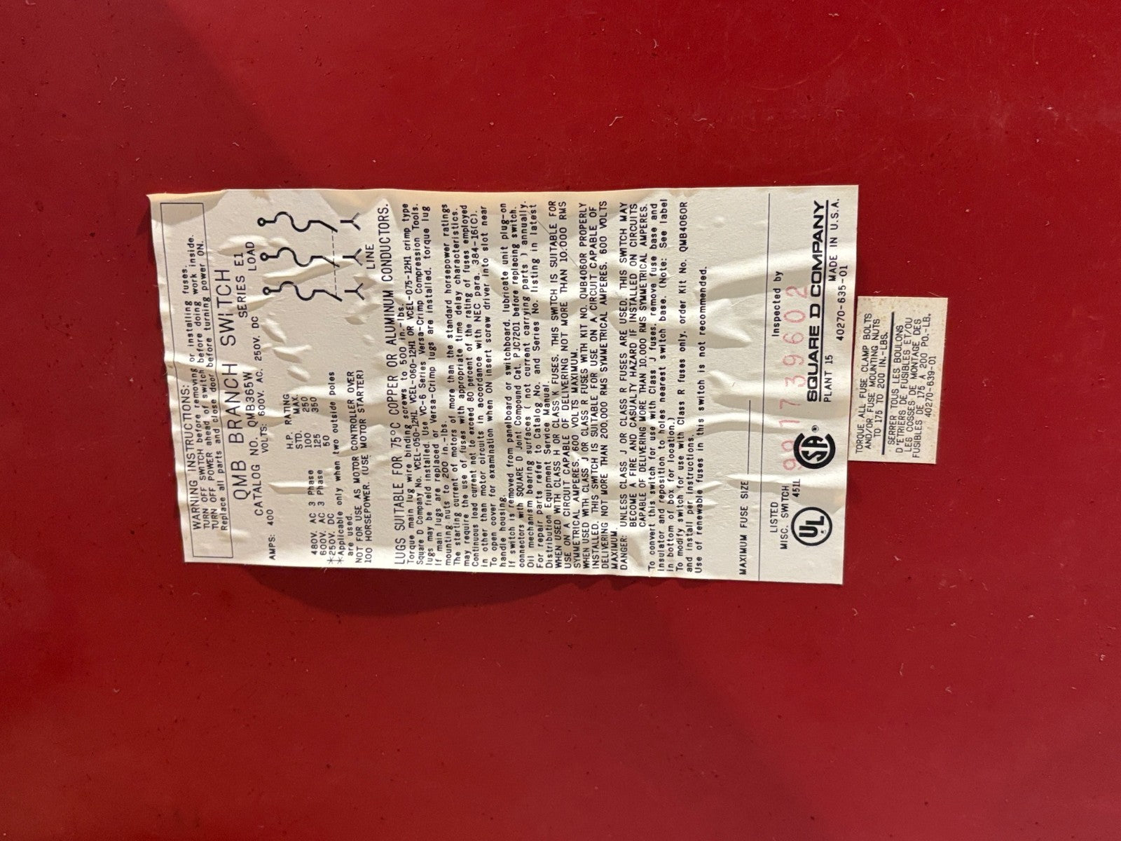 Square D QMB365W Ser. E1 400A 3 Pole 600V Fusible Panelboard Switch Disconnect - Maverick Industrial Sales