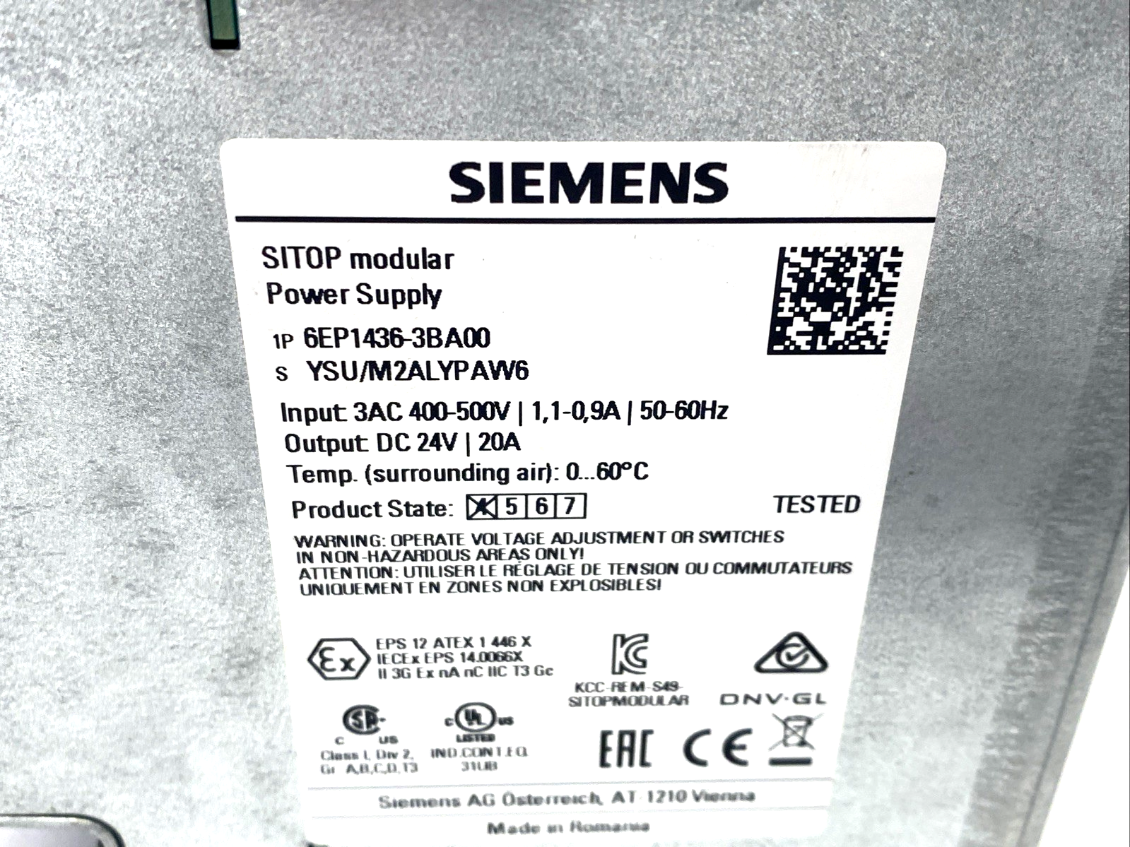 Siemens 6EP1436-3BA00 SITOP Modular Stabilized Power Supply 400-500VAC 24VDC 20A - Maverick Industrial Sales