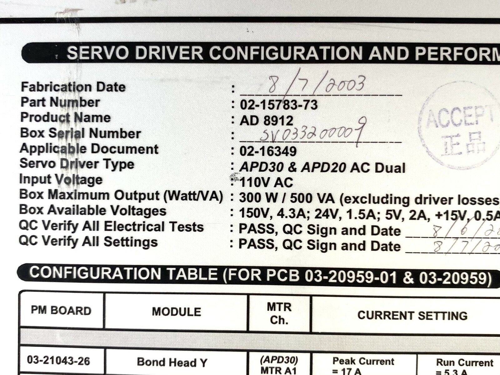 ASM 02-15783-73 Servo Driver 02-18269 Rev A AD 8912 09-15597 APD30 APD20 - Maverick Industrial Sales