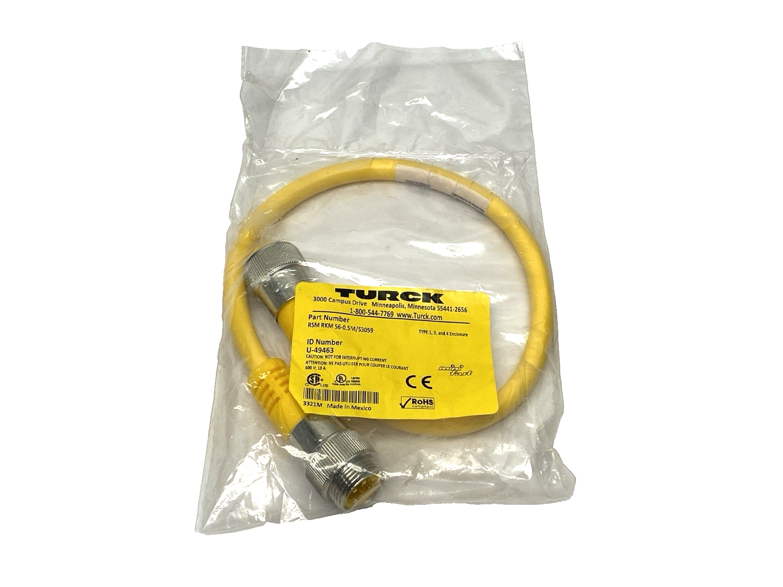 RSM RKM 56-0.5M/S305 | Turck 9 Double End Power Cable Male to Female 7/8" U-49463 - New - Maverick Industrial Sales