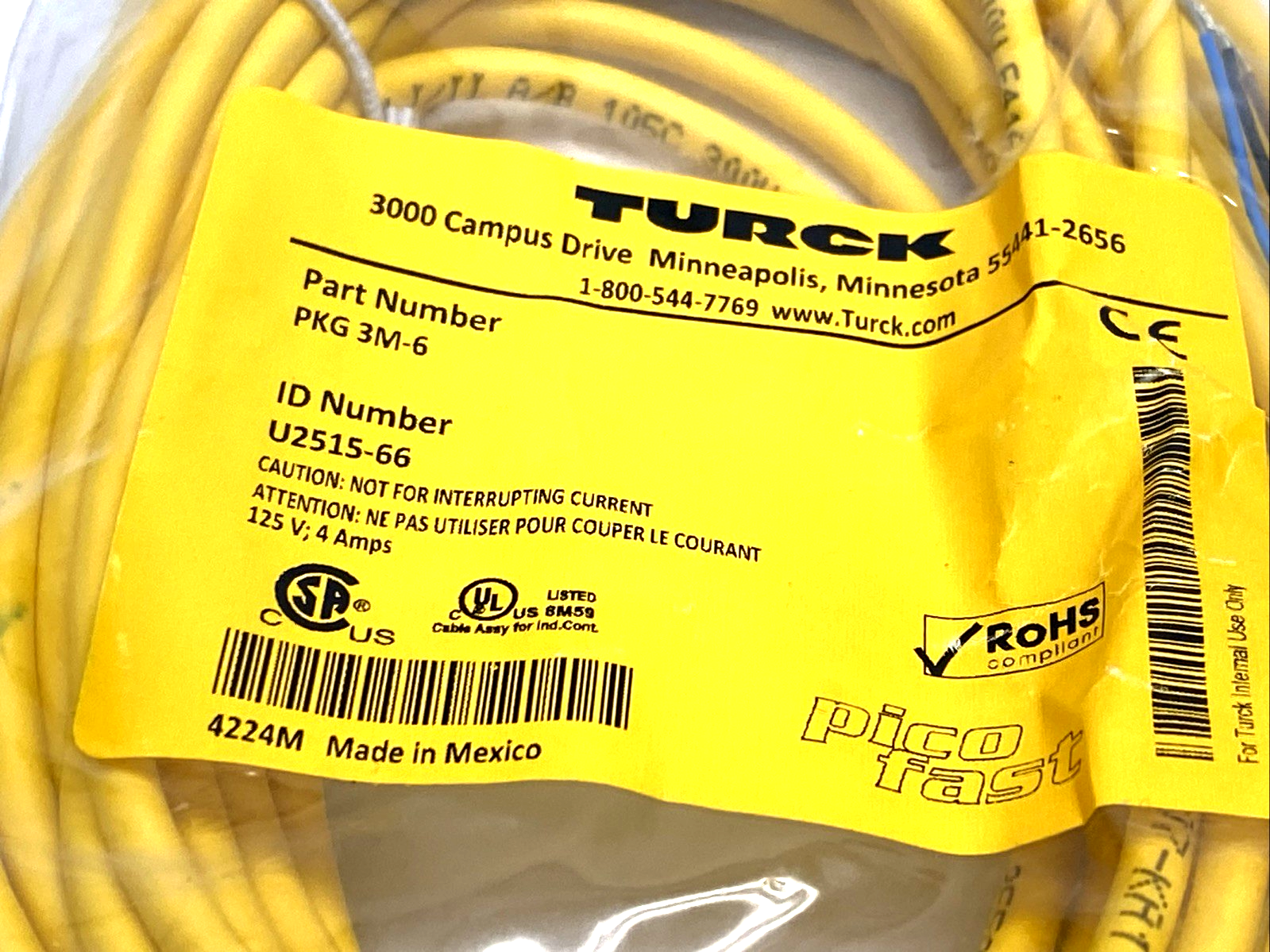PKG 3M-6 | Turck Actuator & Sensor Cable M8 Female 3-Pin 6m U2515-66 - New - Maverick Industrial Sales