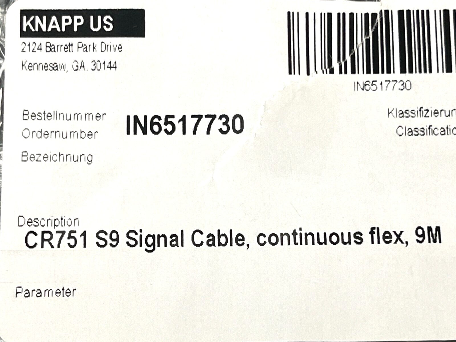 Knapp CR751 S9 Signal Cable Continuous Flex 9M 100715 - Maverick Industrial Sales