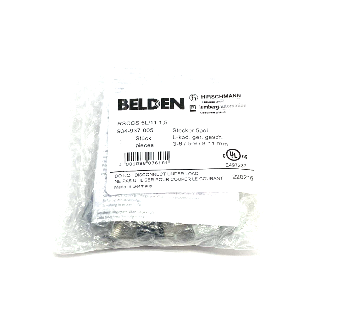 RSCCS 5L/11 1,5 | Belden Straight Male Cable Connector 5-Pin L-Coded 934937005 - New - Maverick Industrial Sales