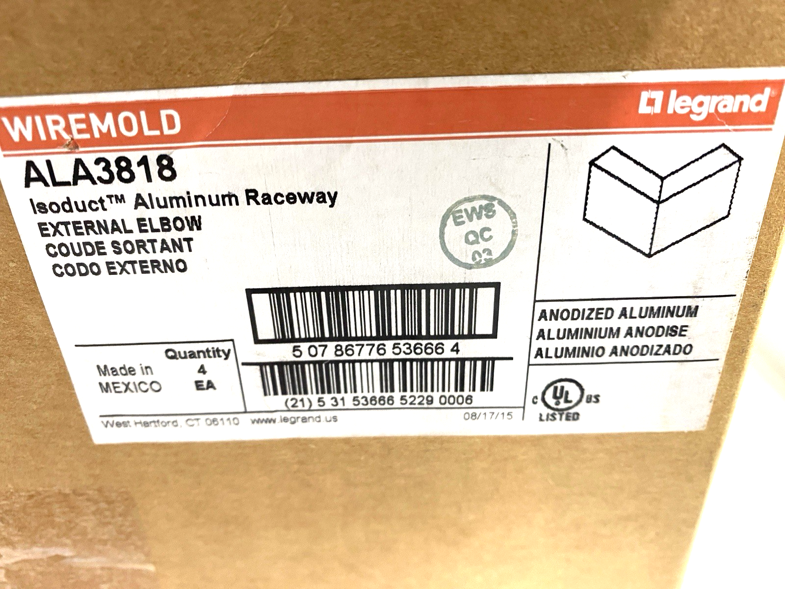 Legrand ALA3818 Wiremold Isoduct Aluminum Raceway External Elbow PKG OF 4 - Maverick Industrial Sales