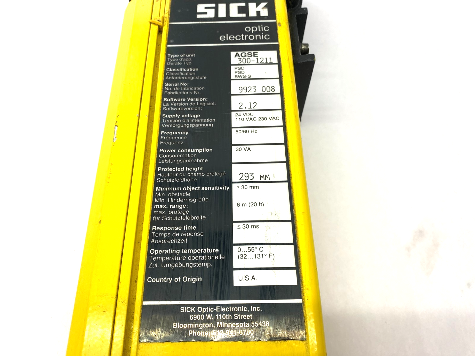 AGSE-300-1211 | Sick Optic Electronic Safety Light Curtain 293mm Protected Height - Used - Maverick Industrial Sales