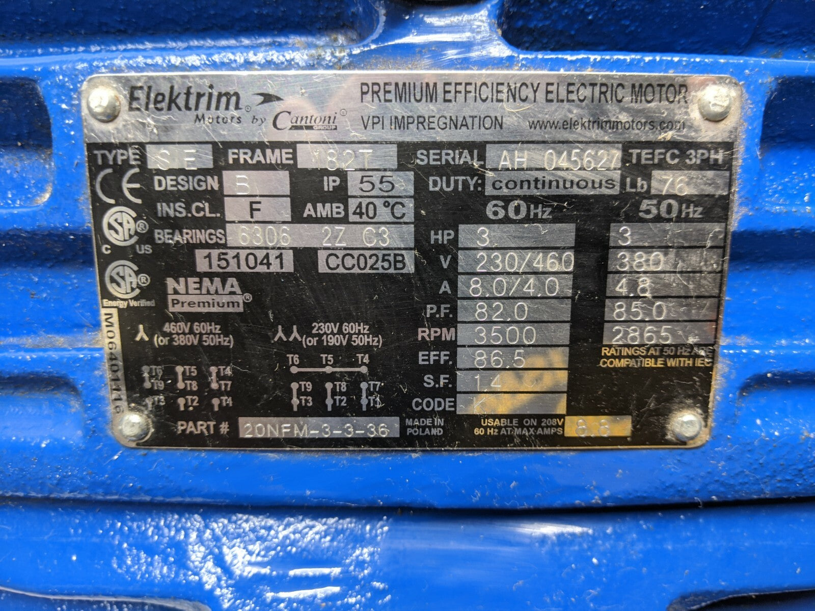 Elektrim 20NFM-3-3-36 Motor SIE 182T 3HP 3500RPM TEFC 3PH 230/460V - Maverick Industrial Sales