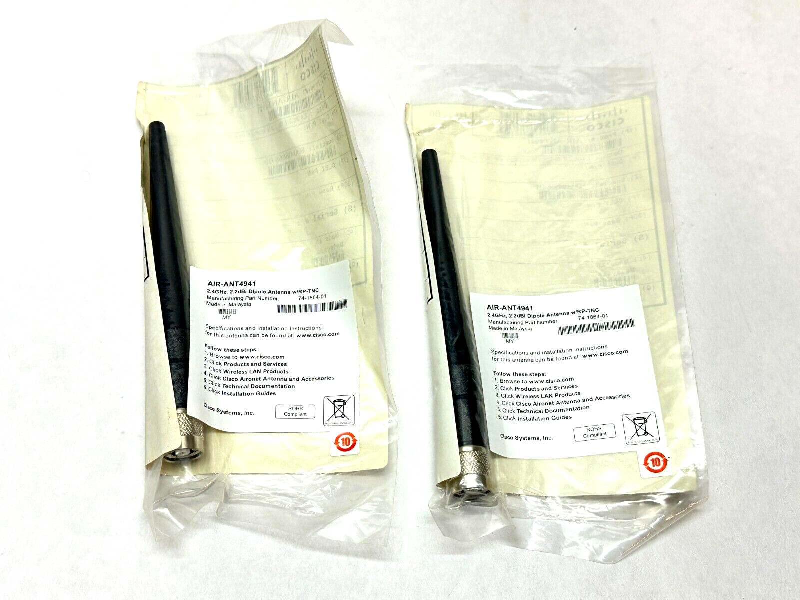 Cisco 74-1864-01 Dipole Antenna 2.4GHz 2.2dBi w/ RP-TNC AIR-ANT4941 LOT OF 2 - Maverick Industrial Sales