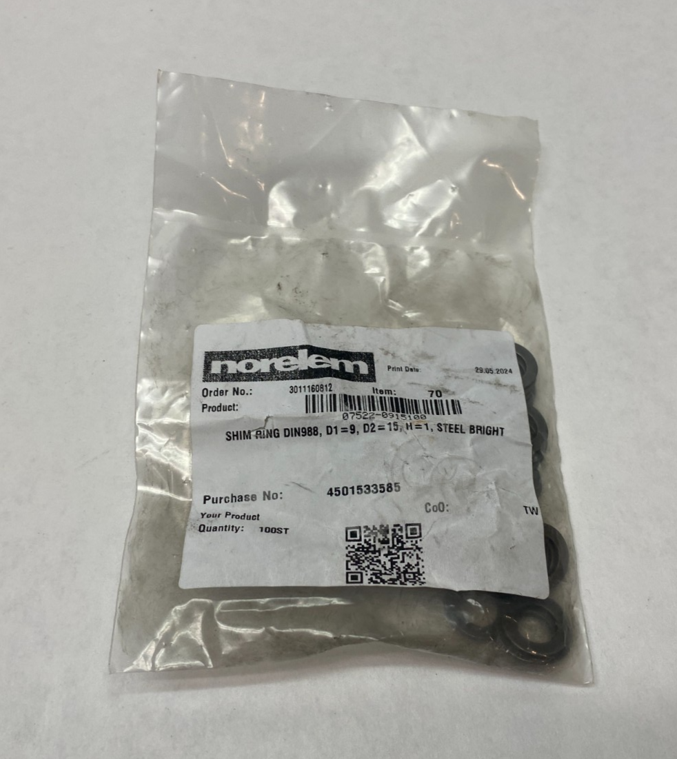 07522-0915100 | Norelem Shim Ring DIN988, D1=9, D2=15, PKG OF 100 - New - Maverick Industrial Sales