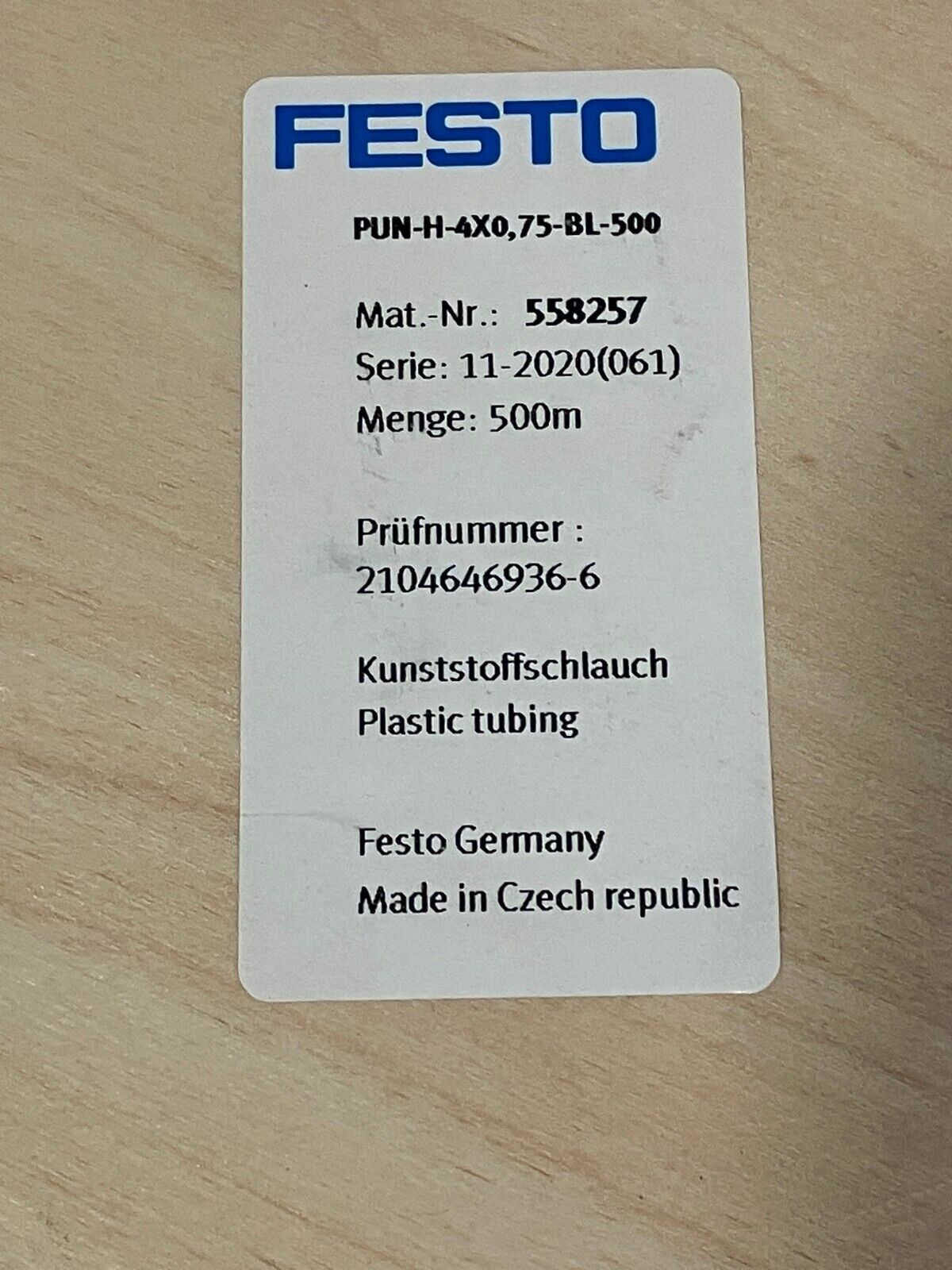 Festo PUN-H-4x0.75-BL Pneumatic Tubing Blue 4mm OD, 2.6mm ID 558257 350m - Maverick Industrial Sales