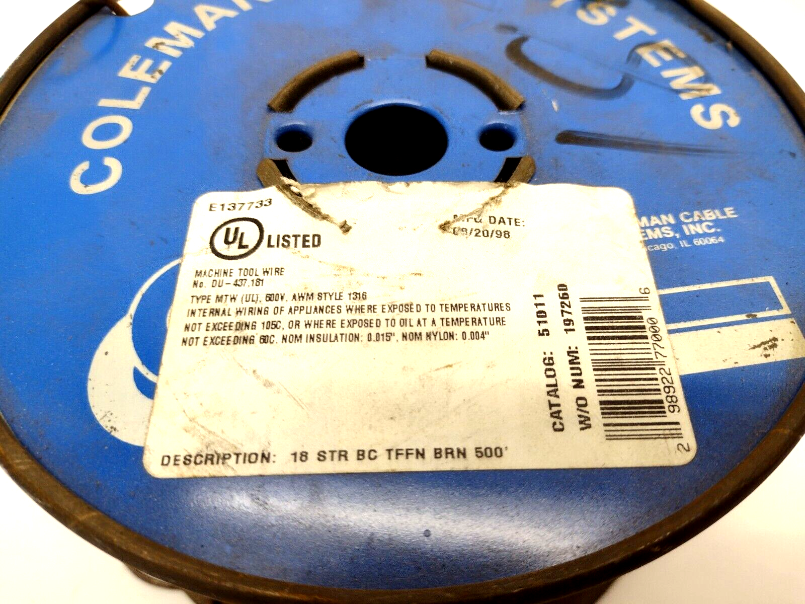 Coleman Cable 51D11 18 AWG Brown MTW 600V 1316 18STR BC TFFN, 3 lb Spool - Maverick Industrial Sales