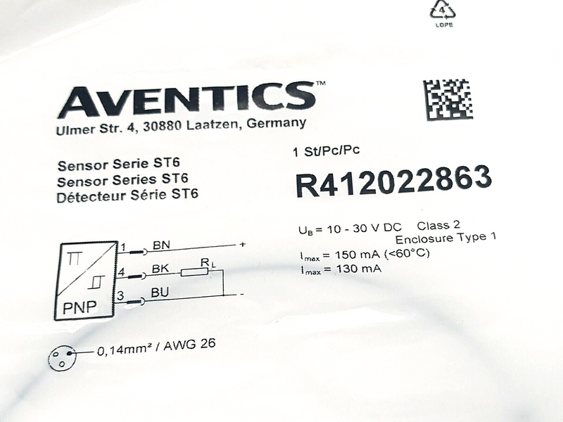 Aventics R412022863 6mm T-Slot Sensor, Series ST6 0.3m, ST6-PN-M12R-030 - Maverick Industrial Sales