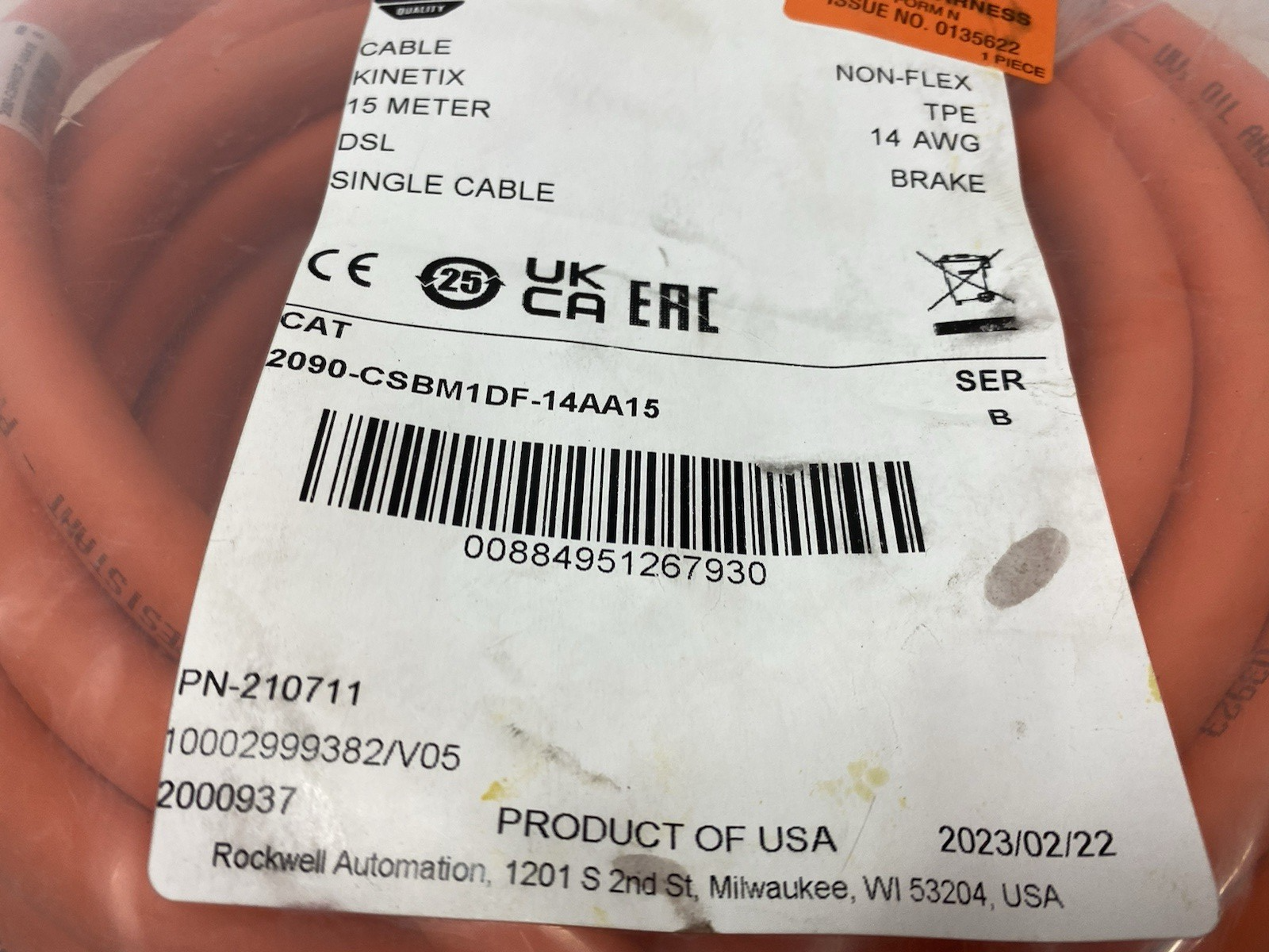 2090-CSBM1DF-14AA15 | Allen Bradley Ser. B Kinetix Single Cable, 15m DSL Non-Flex - New - Maverick Industrial Sales
