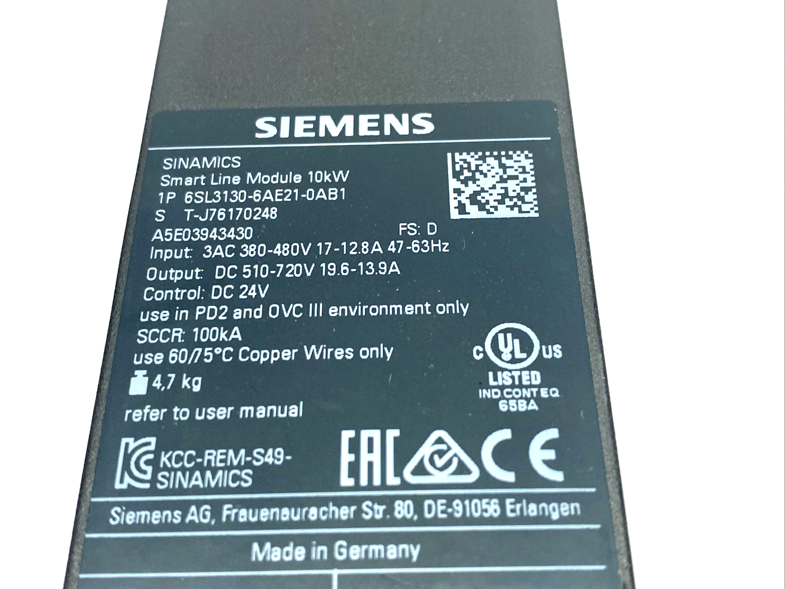 Siemens 6SL3130-6AE21-0AB1 SIIMANICS Smart Line Module 10kW 3AC 380-480V 600VDC - Maverick Industrial Sales