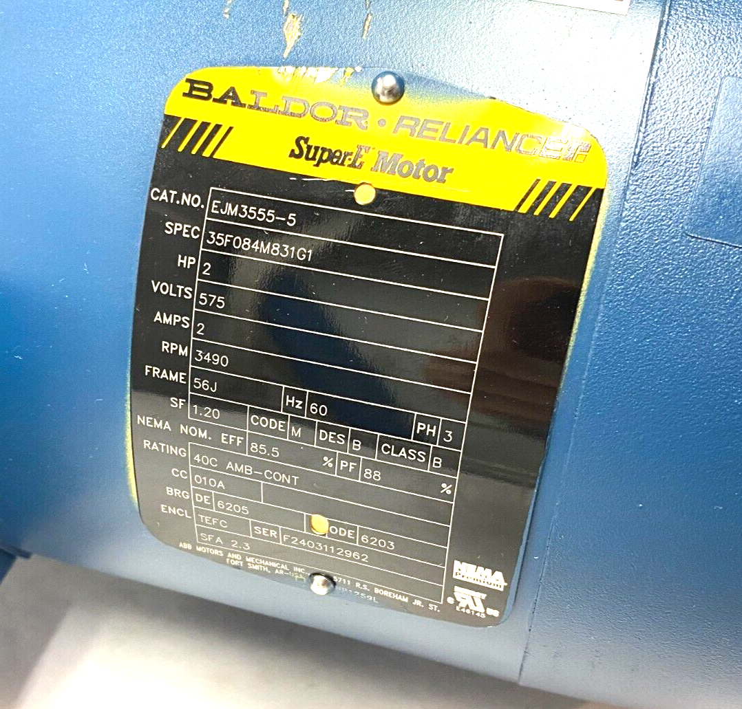 Baldor Reliance EJM3555-5 Non-Reversible SuperE Motor 2HP 3490rpm 35F084M831G1 - Maverick Industrial Sales