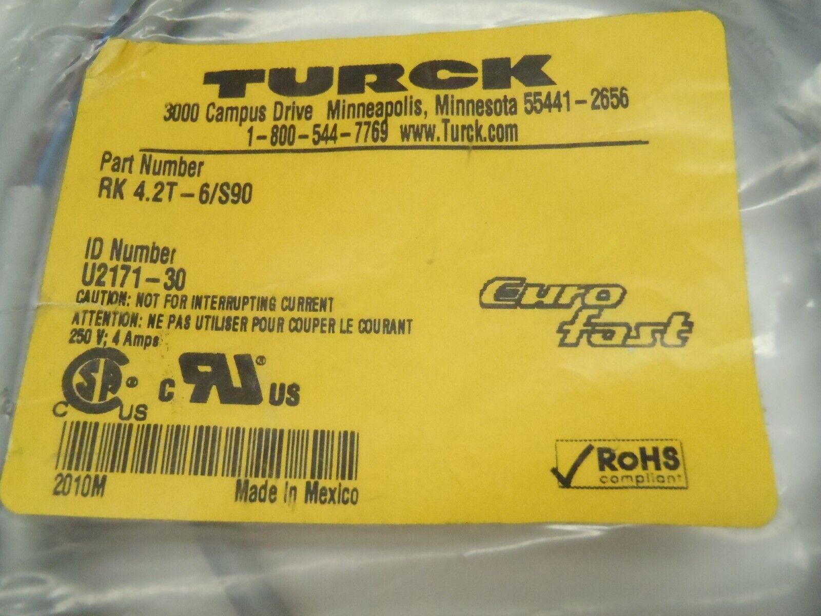 Turck RK 4.2T-6/S90 Eurofast Cordset Cable Assembly U2171-30 - Maverick Industrial Sales