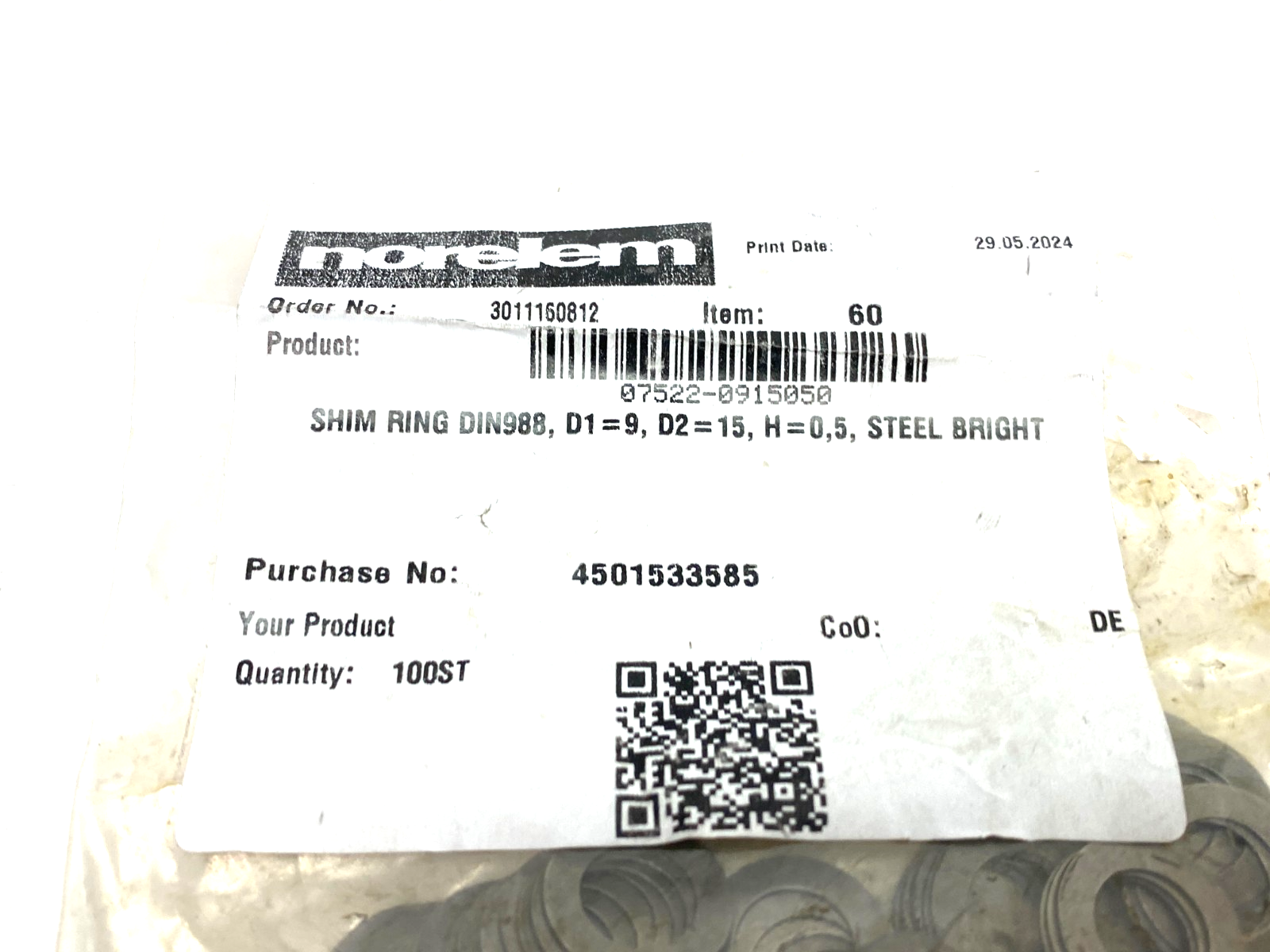 07522-0915050 | Norelem Shim Ring D1=9, D2=15, H=0,5, PKG OF 100 - New - Maverick Industrial Sales