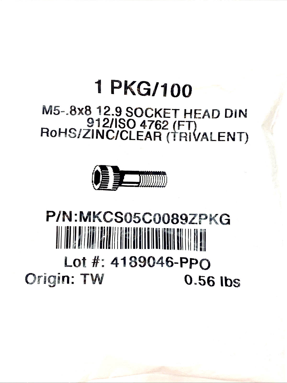 MKCS05C0089ZPKG Socket Head DIN M5-8x8 100ct - Maverick Industrial Sales