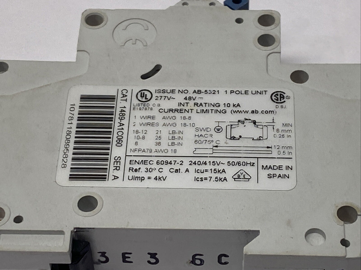 1489-A1C060 | Allen Bradley Ser A Circuit Breaker 1-Pole 6A 277V - Used - Maverick Industrial Sales
