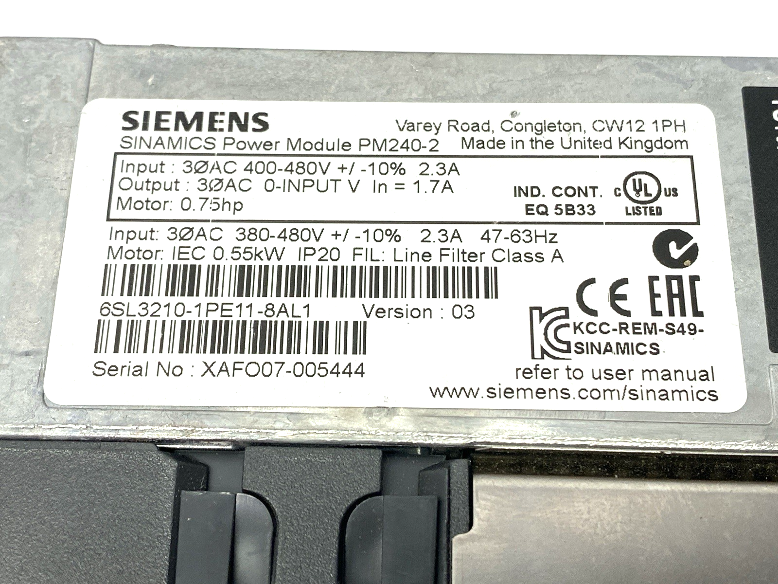 Siemens 6SL3210-1PE11-8AL1 SINAMICS Power Module 400-480V 55kW PM240-2 - Maverick Industrial Sales
