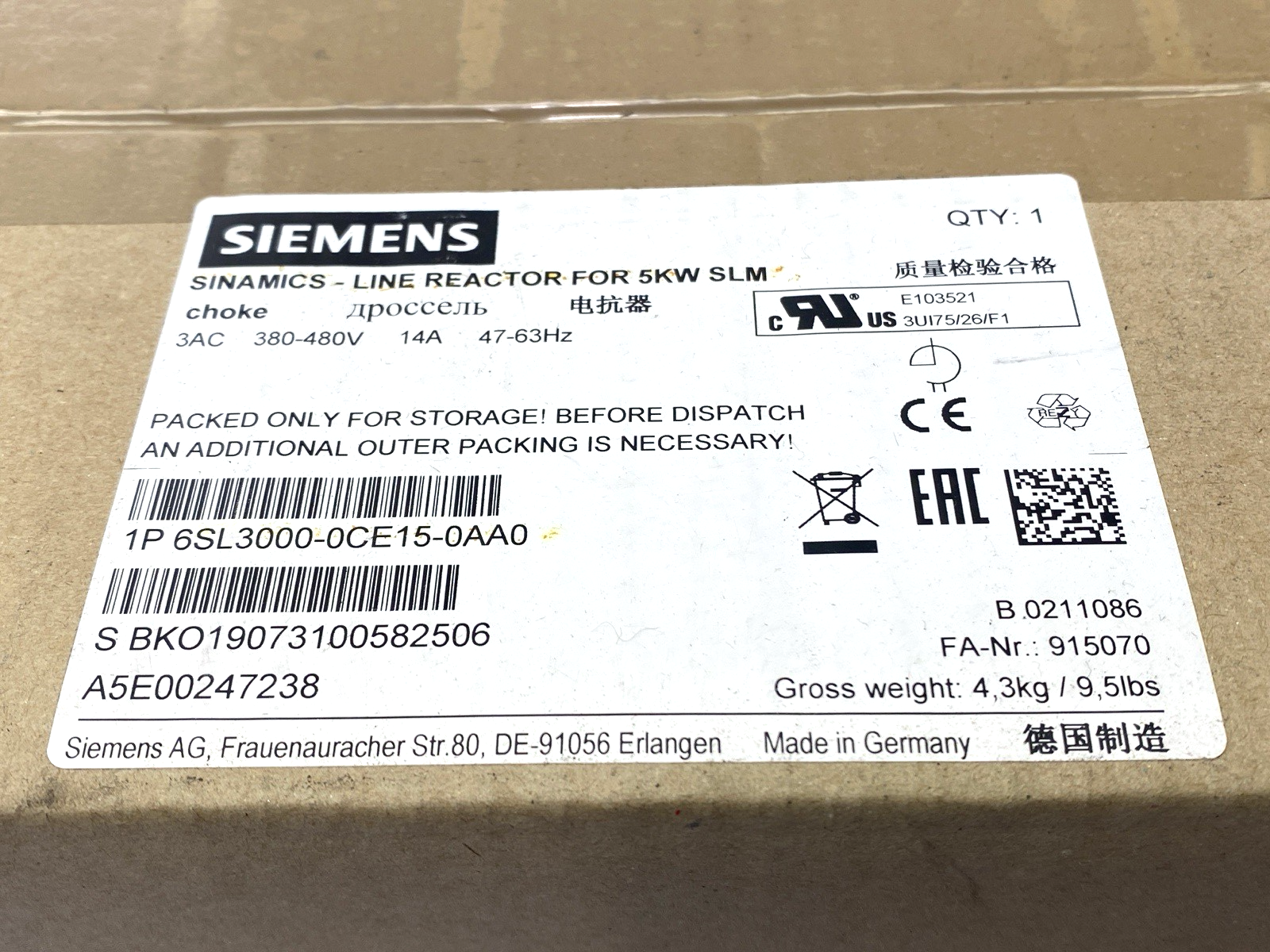 Siemens 6SL3000-0CE15-0AA0 SINAMICS Line Reactor Transformer for 5kW SLM 14A - Maverick Industrial Sales