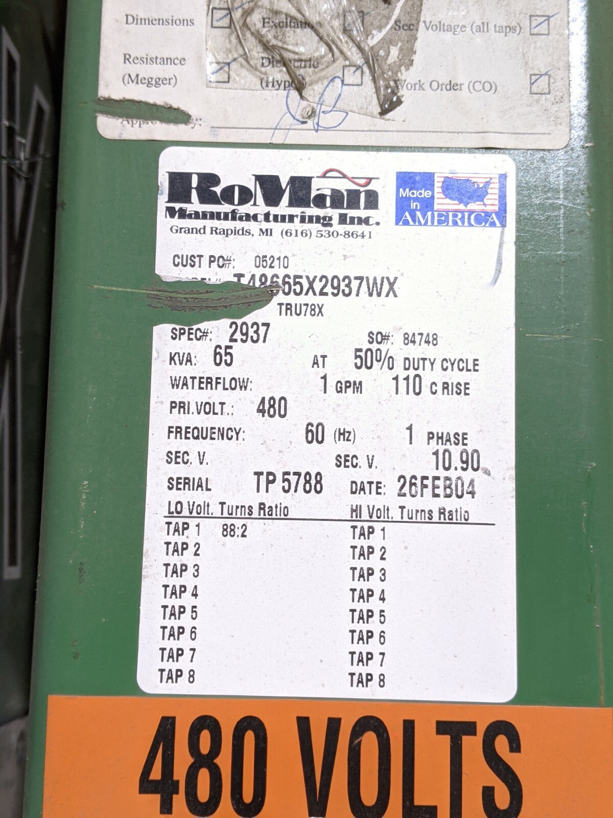 Roman T48665X2937WX Welding Transformer 65kVA 480V 88:2 1GPM - Maverick Industrial Sales